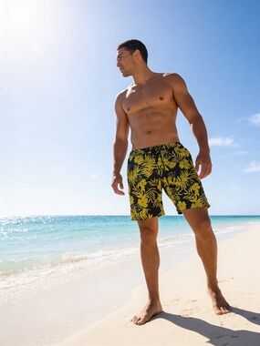 Men's Black & Yellow Tropical Swim Shorts